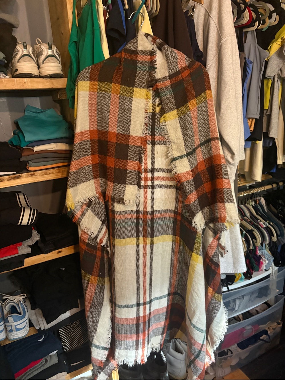 Plaid Fringe Knit scarf- Cream, Brown & Orange